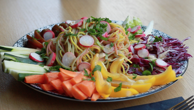 Rainbow Noodles with Peanut Butter Satay Sauce